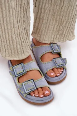 Boto Klapki Na Platformie|Klapki Damskie Klasyczne*Klapki Damskie Z Klamrami I Ozdobnym Obszyciem e Visley Niebieski