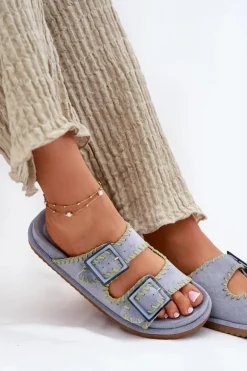 Boto Klapki Na Platformie|Klapki Damskie Klasyczne*Klapki Damskie Z Klamrami I Ozdobnym Obszyciem e Visley Niebieski