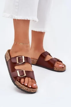 Damskie Evento Klapki Damskie Z Klamrami Z Eko Skóry Brązowe Iskira
