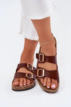 Damskie Evento Klapki Damskie Z Klamrami Z Eko Skóry Brązowe Iskira