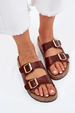 Damskie Evento Klapki Damskie Z Klamrami Z Eko Skóry Brązowe Iskira