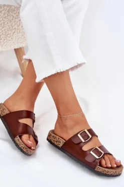 Damskie Evento Klapki Damskie Z Klamrami Z Eko Skóry Brązowe Iskira