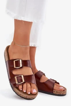 Damskie Evento Klapki Damskie Z Klamrami Z Eko Skóry Brązowe Iskira