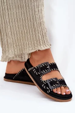 Sale Boto Klapki Damskie Z Klamrami I Ozdobnym Obszyciem Czarne Visley Czarny