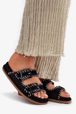 Sale Boto Klapki Damskie Z Klamrami I Ozdobnym Obszyciem Czarne Visley Czarny