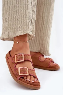 Damskie Boto Klapki Damskie Z Klamrami I Ozdobnym Obszyciem Camel Visley