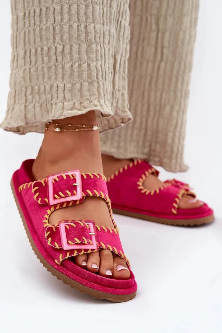 Boto Klapki Na Platformie|Klapki Damskie Klasyczne*Klapki Damskie Z Klamrami I Ozdobnym Obszyciem Fuksja Visley Różowy
