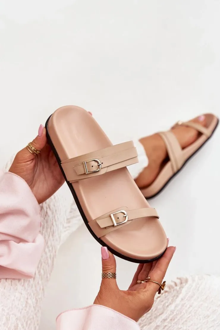 Best Boto Klapki Damskie Z Klamrami Beżowe Brinella Beżowy