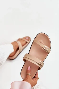 Best Boto Klapki Damskie Z Klamrami Beżowe Brinella Beżowy