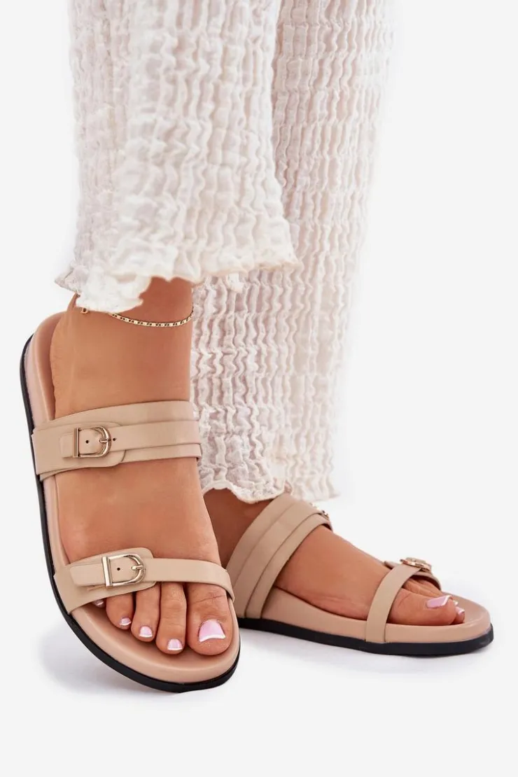 Best Boto Klapki Damskie Z Klamrami Beżowe Brinella Beżowy