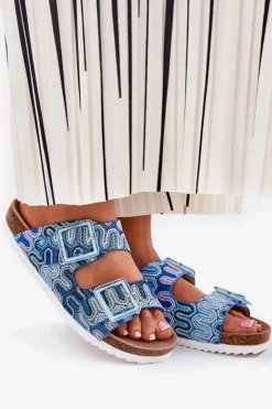 Damskie buty S.Barski Klapki Korkowe|Klapki Na Platformie*Klapki Damskie Z Klamrami I Brokatem S.Barski RB51-006 e Niebieski