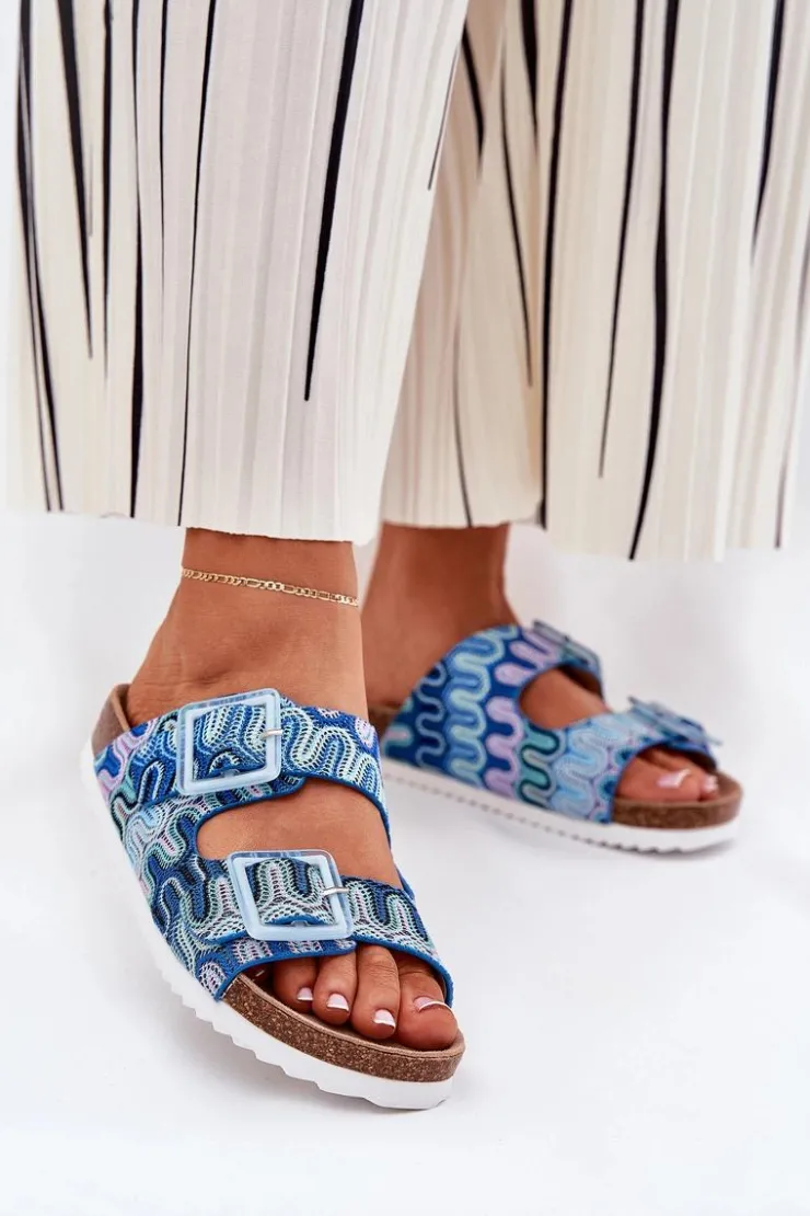 Damskie buty S.Barski Klapki Korkowe|Klapki Na Platformie*Klapki Damskie Z Klamrami I Brokatem S.Barski RB51-006 e Niebieski