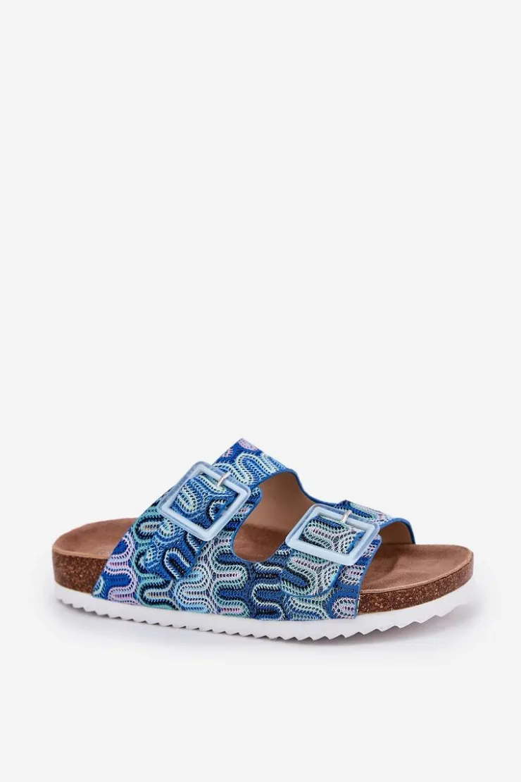 Damskie buty S.Barski Klapki Korkowe|Klapki Na Platformie*Klapki Damskie Z Klamrami I Brokatem S.Barski RB51-006 e Niebieski