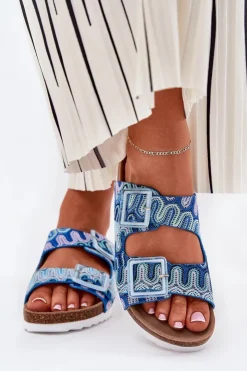 Damskie buty S.Barski Klapki Korkowe|Klapki Na Platformie*Klapki Damskie Z Klamrami I Brokatem S.Barski RB51-006 e Niebieski