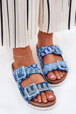 Damskie buty S.Barski Klapki Korkowe|Klapki Na Platformie*Klapki Damskie Z Klamrami I Brokatem S.Barski RB51-006 e Niebieski