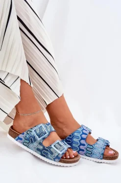 Damskie buty S.Barski Klapki Korkowe|Klapki Na Platformie*Klapki Damskie Z Klamrami I Brokatem S.Barski RB51-006 e Niebieski