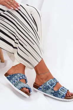 Damskie buty S.Barski Klapki Korkowe|Klapki Na Platformie*Klapki Damskie Z Klamrami I Brokatem S.Barski RB51-006 e Niebieski