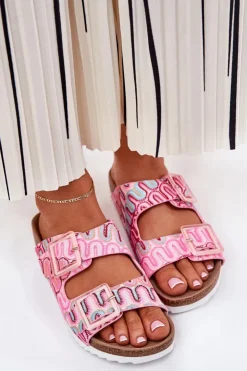 Damskie Damskie buty S.Barski Klapki Damskie Z Klamrami I Brokatem S.Barski RB51-006 Różowe