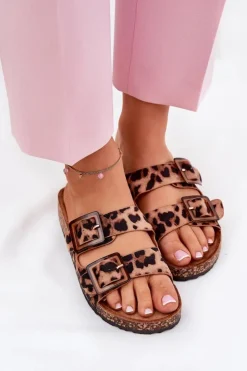 Damskie Boto Klapki Damskie Z Klamrami Na Korkowej Podeszwie Panterka Brązowe Sercele