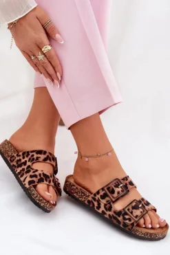 Damskie Boto Klapki Damskie Z Klamrami Na Korkowej Podeszwie Panterka Brązowe Sercele