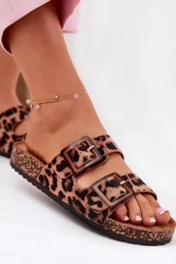 Damskie Boto Klapki Damskie Z Klamrami Na Korkowej Podeszwie Panterka Brązowe Sercele