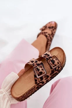 Damskie Boto Klapki Damskie Z Klamrami Na Korkowej Podeszwie Panterka Brązowe Sercele