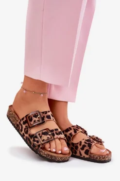 Damskie Boto Klapki Damskie Z Klamrami Na Korkowej Podeszwie Panterka Brązowe Sercele