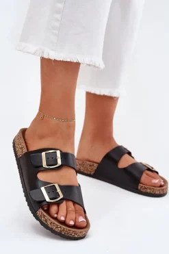 Evento Klapki Korkowe|Klapki Na Platformie*Klapki Damskie Z Klamrami Z Eko Skóry Czarne Iskira Czarny