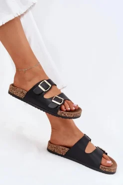 Evento Klapki Korkowe|Klapki Na Platformie*Klapki Damskie Z Klamrami Z Eko Skóry Czarne Iskira Czarny