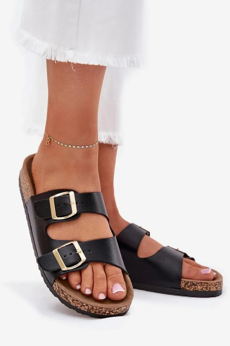 Evento Klapki Korkowe|Klapki Na Platformie*Klapki Damskie Z Klamrami Z Eko Skóry Czarne Iskira Czarny