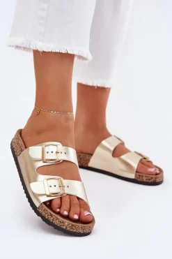 Damskie Evento Klapki Damskie Z Klamrami Z Eko Skóry Złote Iskira