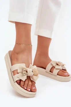 Boto Klapki Na Platformie|Klapki Damskie Klasyczne*Klapki Damskie Z Kokardą I Złotą Broszką Jasnobeżowe Lynara