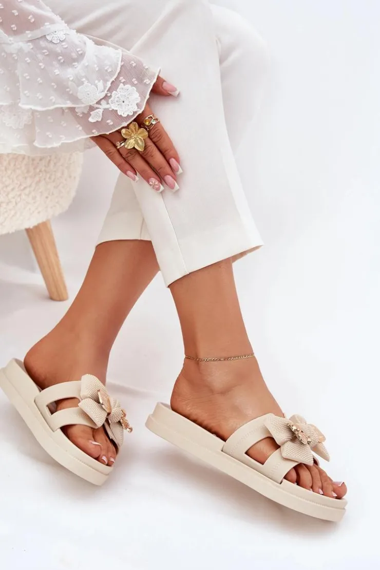 Boto Klapki Na Platformie|Klapki Damskie Klasyczne*Klapki Damskie Z Kokardą I Złotą Broszką Jasnobeżowe Lynara