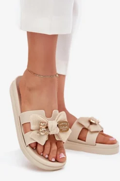 Boto Klapki Na Platformie|Klapki Damskie Klasyczne*Klapki Damskie Z Kokardą I Złotą Broszką Jasnobeżowe Lynara