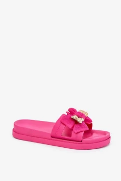 Clearance Boto Klapki Damskie Z Kokardą I Złotą Broszką Fuksja Lynara