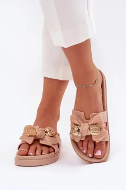 Boto Klapki Na Platformie|Klapki Damskie Klasyczne*Klapki Damskie Z Kokardą I Złotą Broszką Beżowe Lynara Beżowy