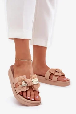 Boto Klapki Na Platformie|Klapki Damskie Klasyczne*Klapki Damskie Z Kokardą I Złotą Broszką Beżowe Lynara Beżowy