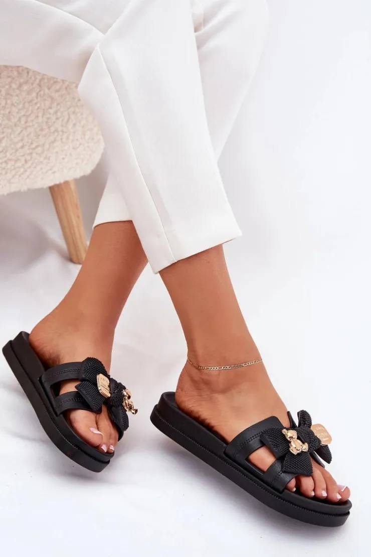 Online Boto Klapki Damskie Z Kokardą I Złotą Broszką Czarne Lynara Czarny