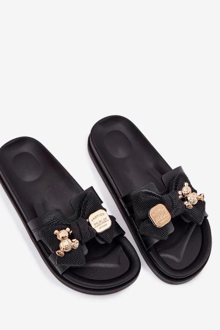 Online Boto Klapki Damskie Z Kokardą I Złotą Broszką Czarne Lynara Czarny