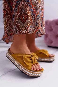 Damskie Boto Klapki Damskie Z Kokardami Gruba Podeszwa Żółte Milady