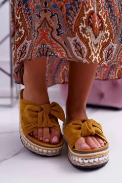 Damskie Boto Klapki Damskie Z Kokardami Gruba Podeszwa Żółte Milady