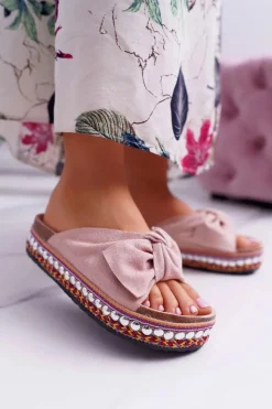 Damskie Boto Klapki Damskie Z Kokardami Gruba Podeszwa Różowe Milady