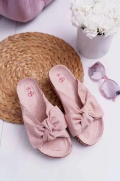 Damskie Boto Klapki Damskie Z Kokardami Gruba Podeszwa Różowe Milady