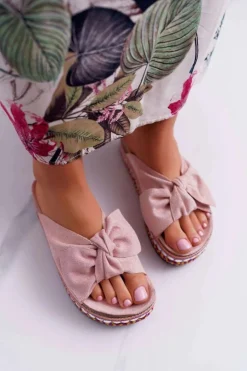 Damskie Boto Klapki Damskie Z Kokardami Gruba Podeszwa Różowe Milady