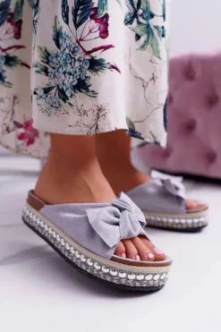 Boto Klapki Damskie Klasyczne*Klapki Damskie Z Kokardami Gruba Podeszwa Szare Milady