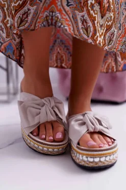 Hot Boto Klapki Damskie Z Kokardami Gruba Podeszwa Beżowe Milady