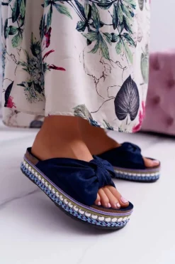 Boto Klapki Damskie Klasyczne*Klapki Damskie Z Kokardami Gruba Podeszwa Granatowe Milady