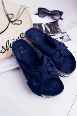 Boto Klapki Damskie Klasyczne*Klapki Damskie Z Kokardami Gruba Podeszwa Granatowe Milady