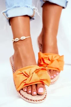 Online Boto Klapki Damskie Z Kokardką Pomarańczowy Neon Happiness