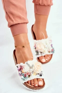 Damskie Boto Klapki Damskie Z Kwiatami Białe Enrissa